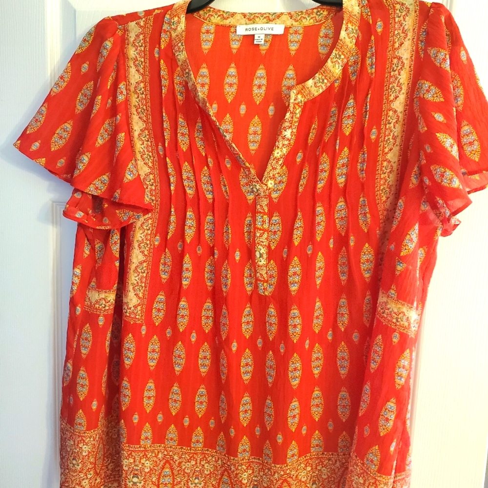 Rose Olive Orange Paisy Print Top